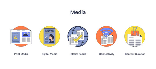 Media icons depict print, digital, global reach, connectivity, and content curation, transparent background.