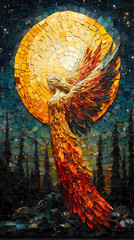 An angel in the night sky in a brightly colored mosaic