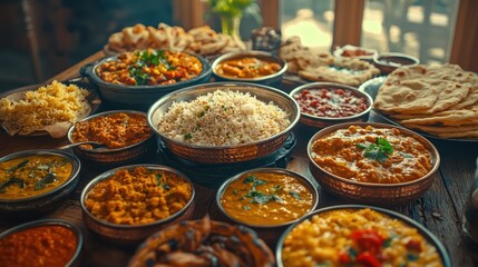 Obraz premium A table spread with a variety of Indian dishes, including curries, rice, breads, and sauces.