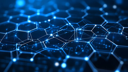 Futuristic hexagonal pattern filled with thin lines interconnecting glowing hexagons. In this background, hexagons represent digital interfaces or tech systems.