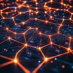 Fototapeta premium Futuristic hexagonal pattern filled with thin lines interconnecting glowing hexagons. In this background, hexagons represent digital interfaces or tech systems.