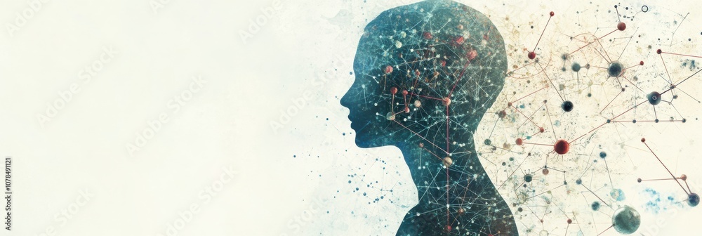 Poster a human silhouette stands surrounded by interconnected molecules and scientific diagrams, symbolizin