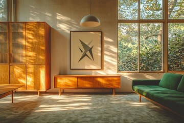 A mid century modern interior in the living room with large well-lit windows and sofa, wood cabinetry and pendant lighting. Generative AI
