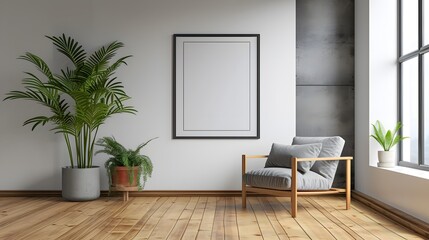 Room space complimenting a wooden frame that hosts a minimalistic and cinematic modern poster AI generated illustration