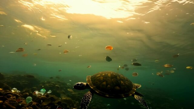 A turtle swims through polluted ocean water filled with plastic.