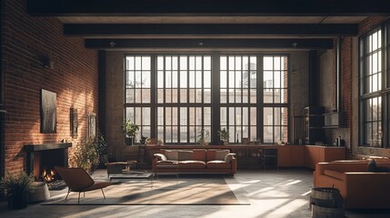 A large living room with a fireplace, a couch, and a chair