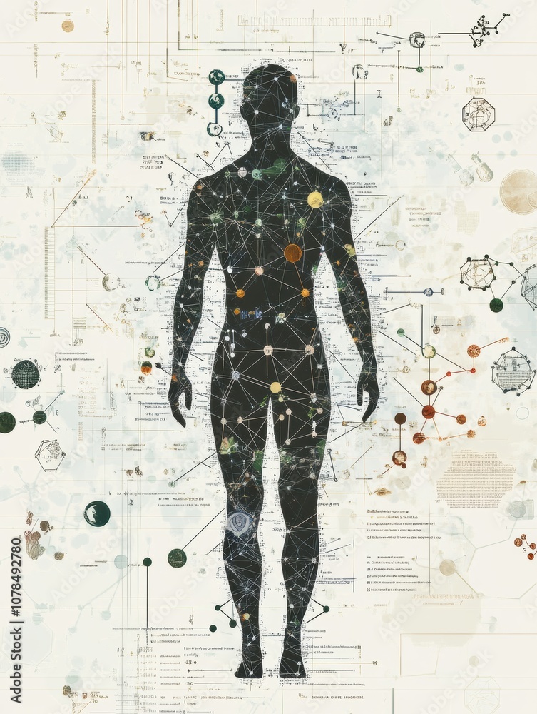 Poster A human silhouette stands amidst various molecular structures and scientific diagrams, representing the interplay between science and humanity. Generative AI