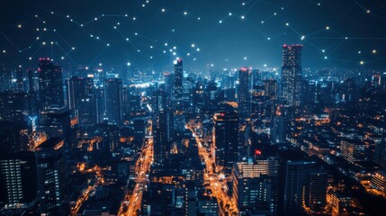Obraz premium A vibrant city skyline at night with digital connections.