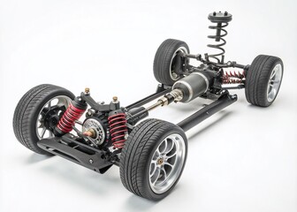 Detailed Illustration of a Car's Suspension System in Tilt-Shift Photography Style on a Clean White Background for Automotive Educational Purposes