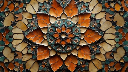 A vibrant, intricate pattern composed of many overlapping, decorative tiles. Each tile features a complex, symmetrical floral or mandala-style design in warm, earthy tones of orange, brown, and beige.