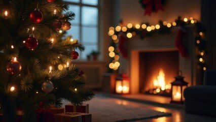 Cozy Christmas scene, festive Christmas tree with presents and a fireplace in a softly blurred backdrop, home party scene, living room is decorated for new year with spruce branches, candles, wreaths