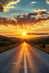 Scenic sunset captured on a solitary endless road AI generated illustration