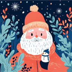 Santa Claus Illustration Card, Santa with a snowman, Christmas illustration, vector illustration, flat art