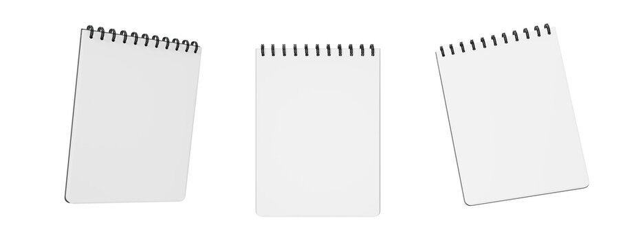 3d notebook sheets, block of blank pages with spiral png render icon set. Mockup of empty wall calendar, white paper office planner or notepad isolated on transparent background. 3D illustration