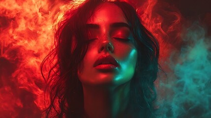 A woman with dark hair, centered in the frame, is positioned so that her head and upper torso are visible, angled slightly upward. Her expression is serene, with eyes closed. 