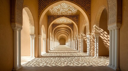 A long, narrow hallway with arched windows and white pillars
