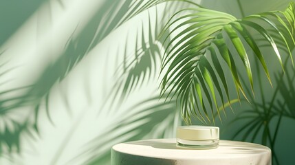 Obraz premium Shadow of the tropical palm leaves casting on a minimalist abstract background with a premium podium for a cosmetic product AI generated illustration