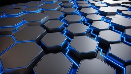 Obraz premium Futuristic Digital Artwork with Interconnected Metallic Hexagonal Tiles, Blue Glow on Edges, Creating a High-Tech, Geometric Aesthetic Symbolizing Advanced Technology and Innovation