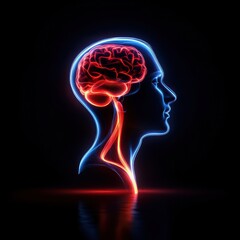 Obraz premium Neon brain and profile silhouette illustration