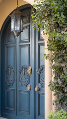 Elegant blue door with intricate carvings and brass handles, adorned with a vintage lantern, surrounded by lush greenery for a welcoming entrance.