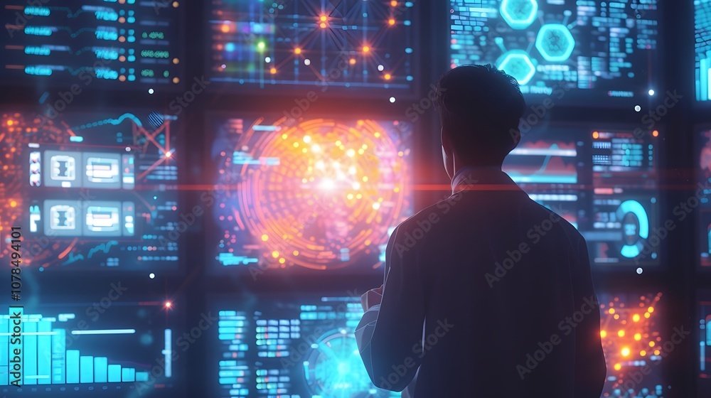 Poster showcase a scientist standing before screens filled with vibrant data visualizations signifying the 
