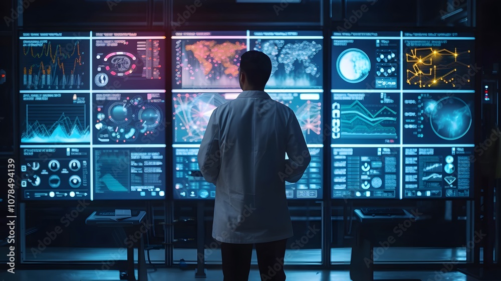 Poster showcase a scientist standing before screens filled with vibrant data visualizations signifying the 