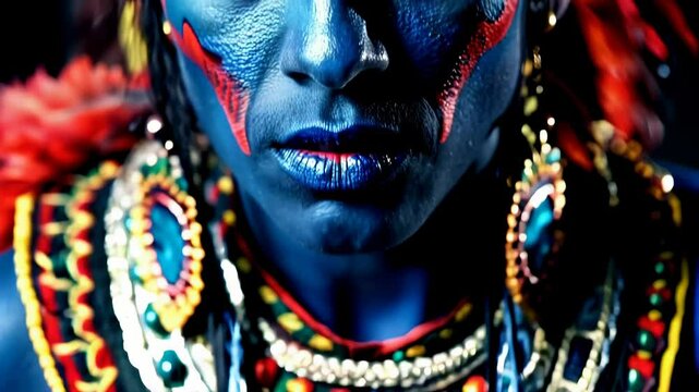Indigenous man looking on camera with facial paint and wearing traditional jewelry - Native american person and culture concept - Model by AI generative 