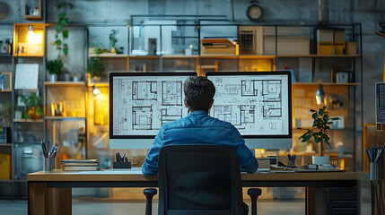 Architect Working on Blueprint at Computer - Illustration