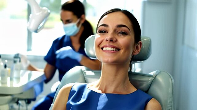 Young woman sitting in dental chair while professional doctor fixing her teeth - Dentist and healthcare concept - Models by AI generative 