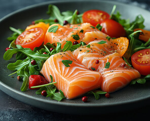 Smoked salmon with arugula salad, cherry tomato, and orange on a grey plate, perfect for fine dining photography.