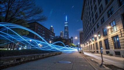 Fototapeta premium Dynamic blue light streaks illuminate urban landscapes, creating a futuristic digital atmosphere with an abstract vibe that captivates the essence of exploration and innovation.