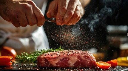 Closeup of chef's hands seasoning a raw steak with salt and pepper.