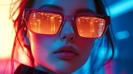 Close-up of woman in yellow reflective sunglasses in neon pink light