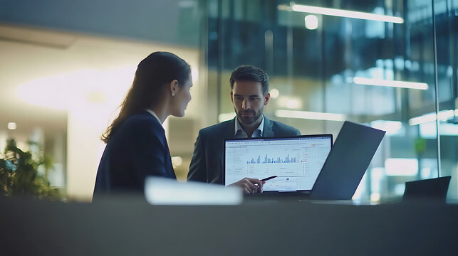 Female financial advisor explaining data on a laptop screen to a male colleague in a bright, open-plan office