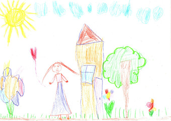 Child drawing of a happy girl on a walk outdoors. Pencil art in childish style