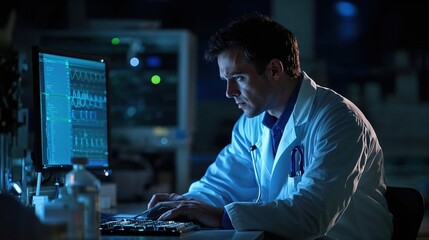Medical professional in white coat working late at computer, illuminated by blue monitor light showing medical data/waveforms, creating dramatic lighting in dark hospital/lab setting