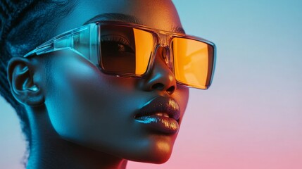 Stylish woman in vibrant orange glasses against blue background