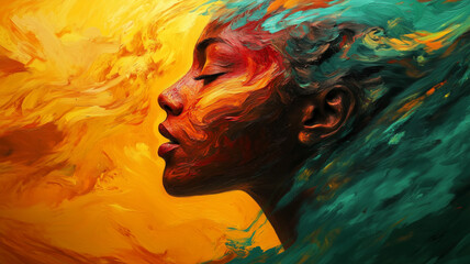 abstract portrait of a person, where the face is represented by swirling brushstrokes and splashes of bold, warm colors like crimson, ochre, and emerald, emotional intensity,