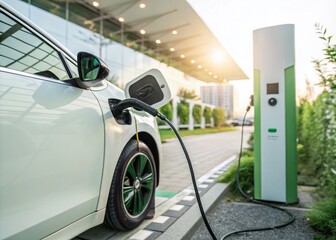 Fototapeta na wymiar Electric Car Charging Station with Power Cable Plugged Into Vehicle, Showcasing Eco-Friendly Alternative Energy Solution in Vertical Orientation