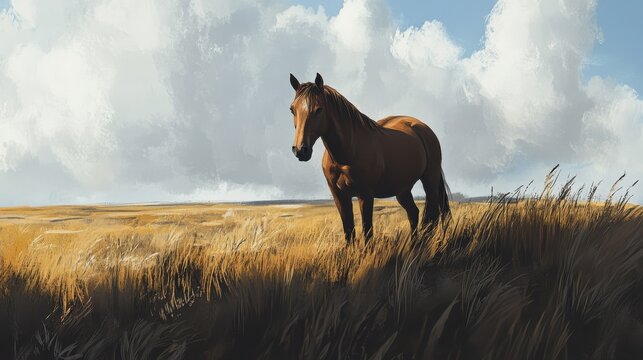 A brown horse stands in a field of tall grass, looking out towards a cloudy sky.