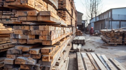 Fototapeta premium An industrial scene with stacks of wooden planks, different sizes, some sheltered, some exposed. Person in red adds scale and activity. Sunlight casts shadows, industrial building