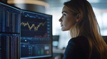 Female financial advisor in a meeting with a team member, discussing recent stock market data on a shared screen in a bright office 