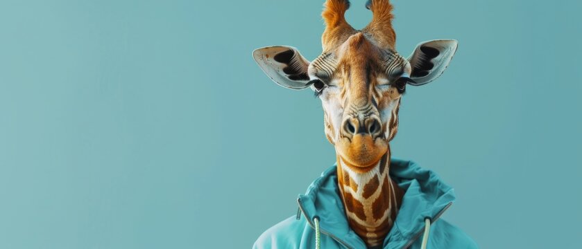 A whimsical portrait of a giraffe in a hoodie, gazing at the camera with inconsistent details about the colors, background, and eyes. The image offers copy space