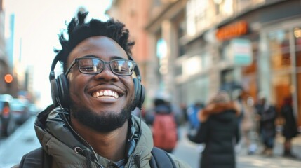 A man in a green jacket and beanie walks happily in a busy city street, listening to music. Vibrant crowd and cars create a lively urban scene.