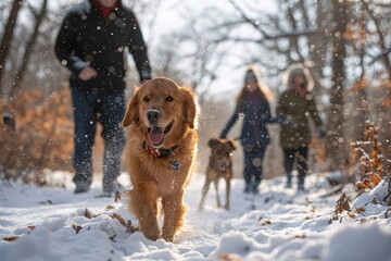 A golden retriever happily trots through fresh snow, with two people and another dog walking behind in a winter setting. The sunlight filters through the trees, creating a serene atmosphere