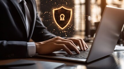 Businessperson working on laptop with a glowing shield and padlock icon above, symbolizing cyber security and data protection.