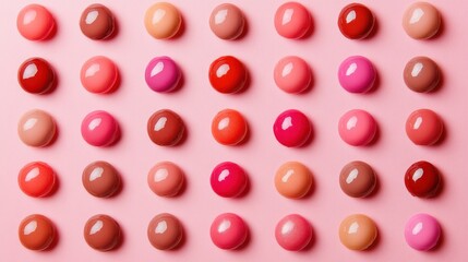 A colorful array of lip glosses in various shades of pink and red, arranged in a grid pattern on a soft pink background.