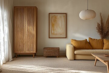 A living room photo of a Scandinavian interior and a mid century modern interior combination. Generative AI
