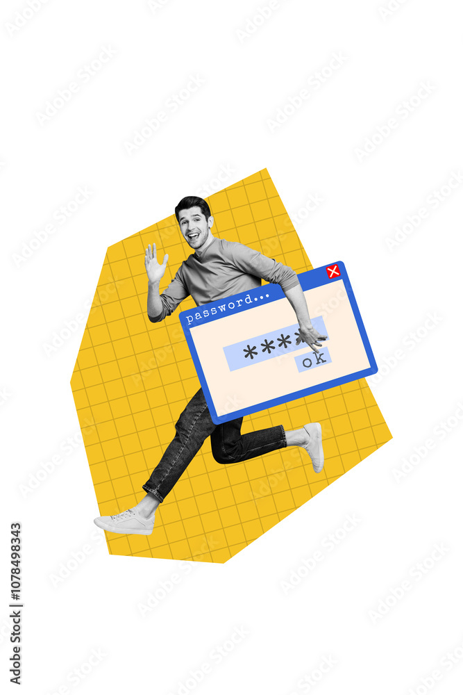 Poster Composite trend artwork 3D sketch image photo collage of password lock open decode young man run hold window passcode data hacking