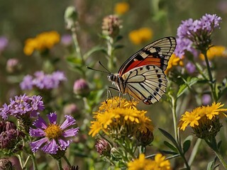 Obraz premium Butterfly on Yellow and Purple Flowers in a Meadow